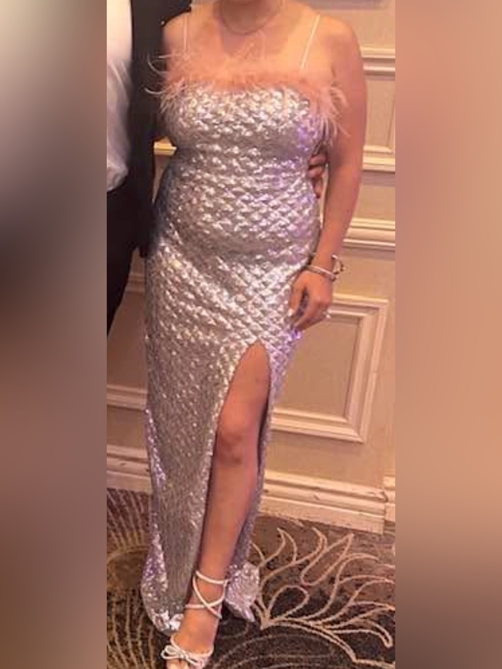 City Triangles Quilted Sequin High-Low Gown in Silver